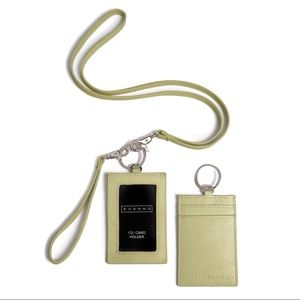 Burano Leather ID Badge Card Holder Lanyard 3 piece set, dill green, NWT
